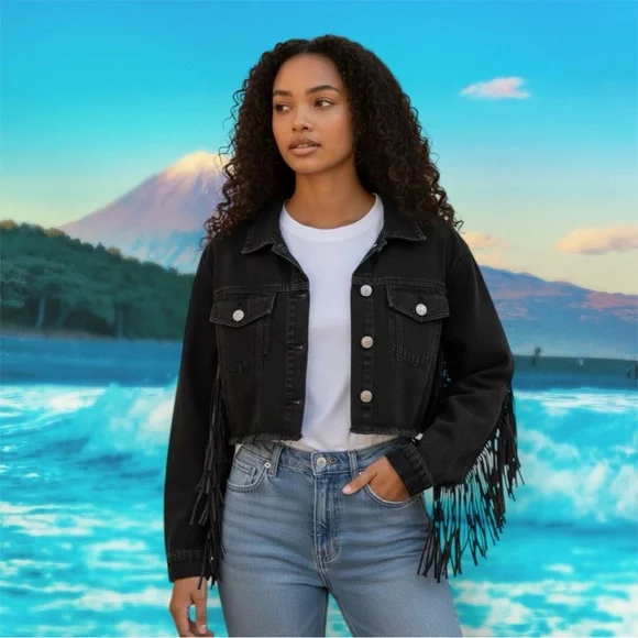 Vintage Y2K black Fringe Denim Jacket new without tags - Picture 6 of 11